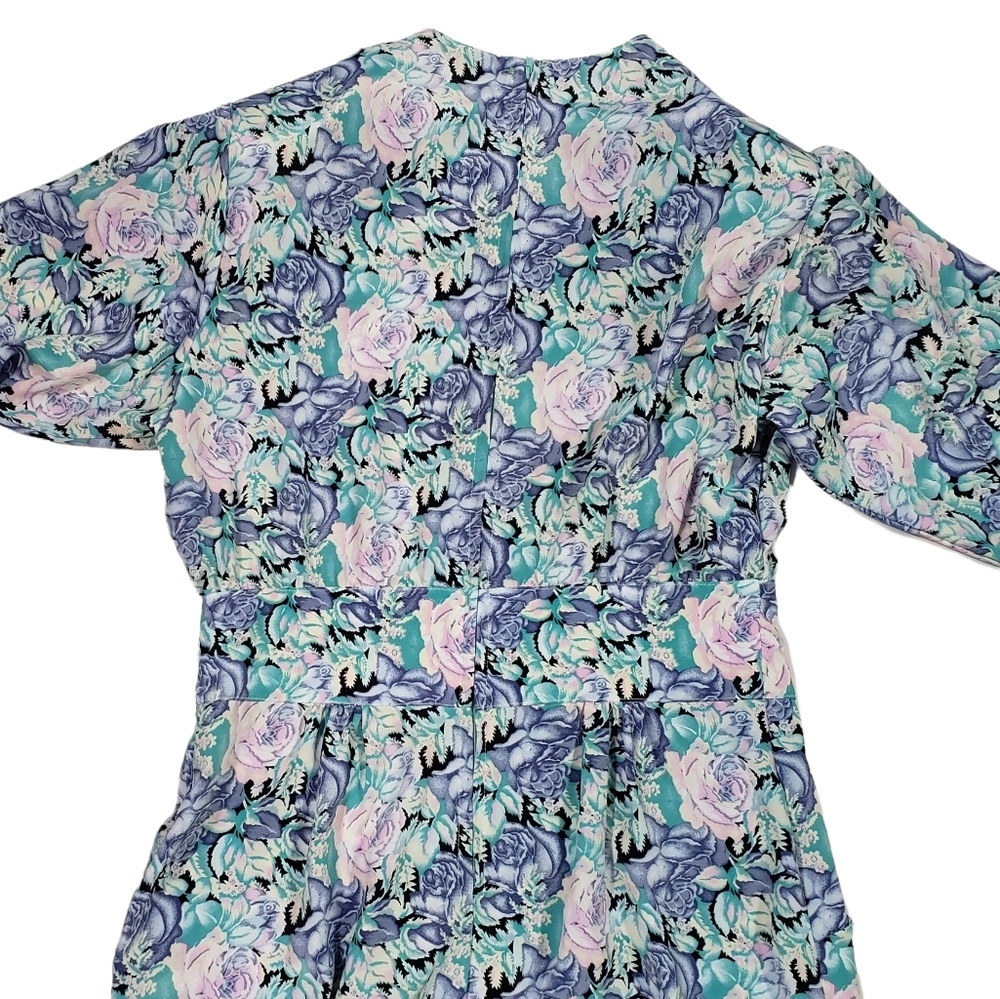 Vintage Alexis Petite Blue Floral Print Midi Dress Womens Size 11-12 Work Church - Picture 10 of 16